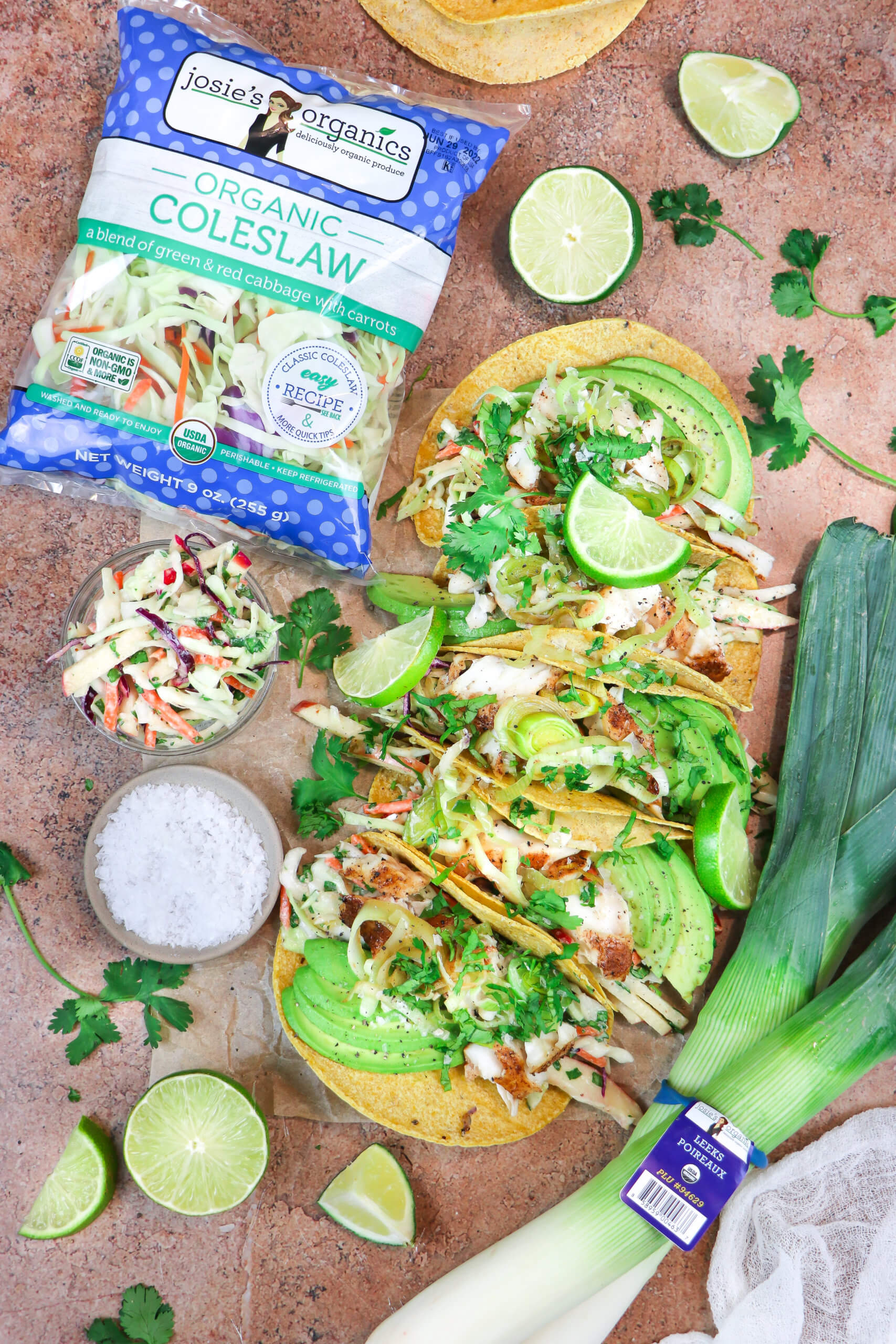 Baked Cod Tacos with Lemony Leeks & Apple Coleslaw - Josie's Organics